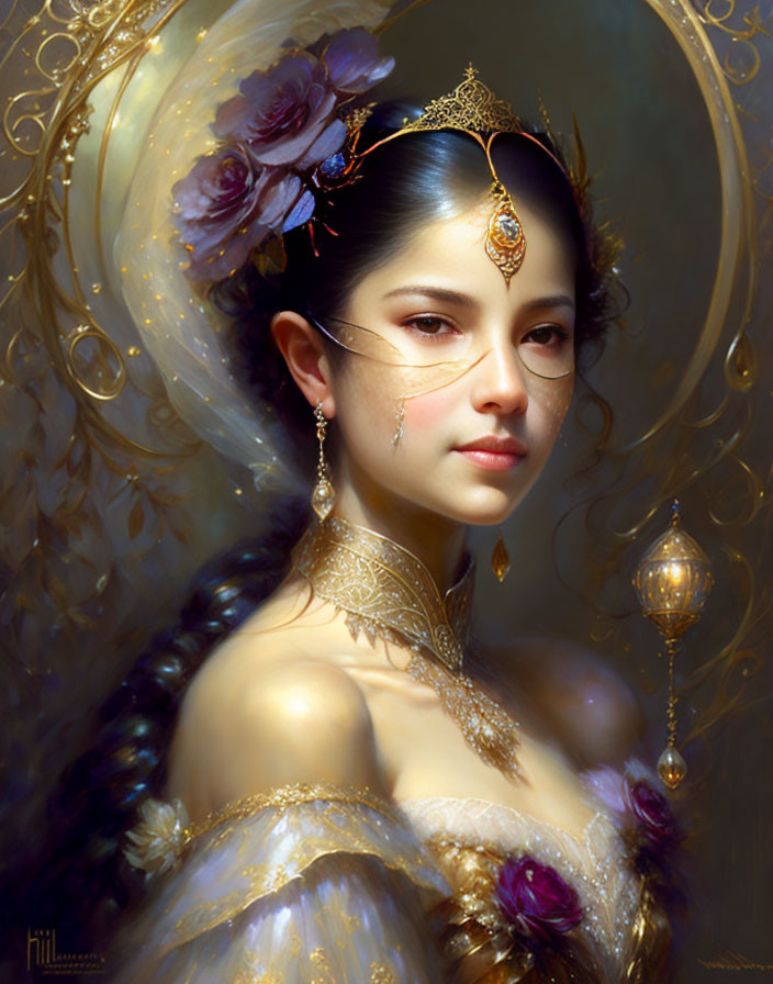 Elegant Woman with Golden Headpiece and Lamp in Hand