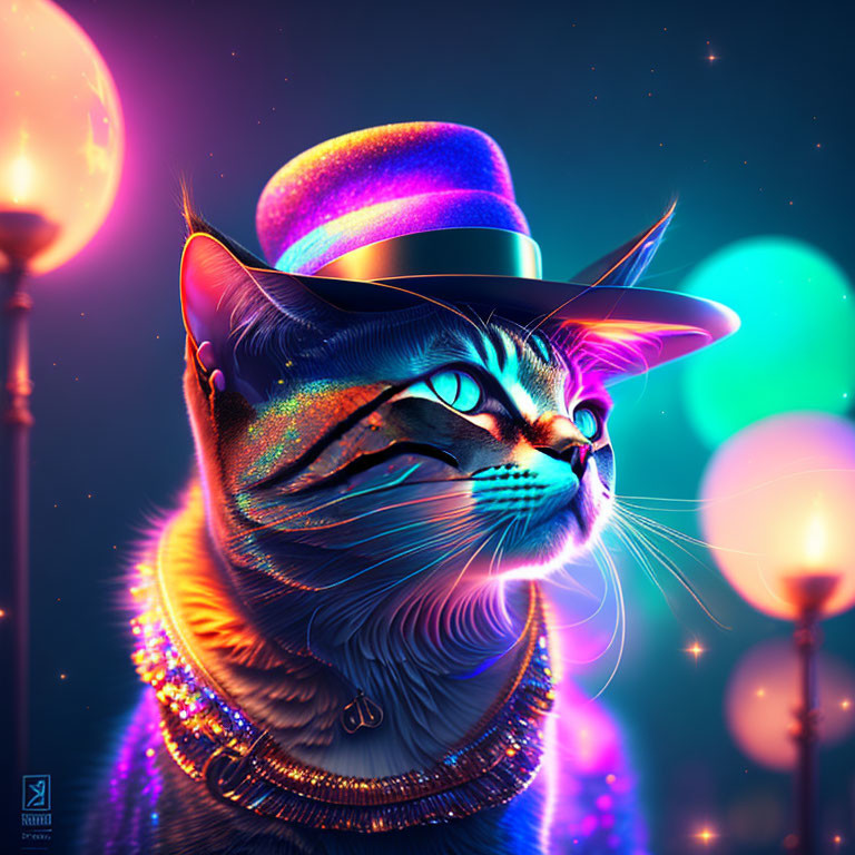 Colorful Digital Artwork: Cat in Purple Hat with Neon Lights and Cosmic Background