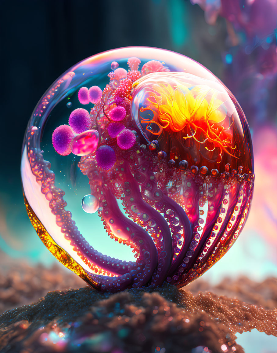 Colorful Digital Artwork of Intricate Sphere with Tentacle-like Structures and Beads on Irides