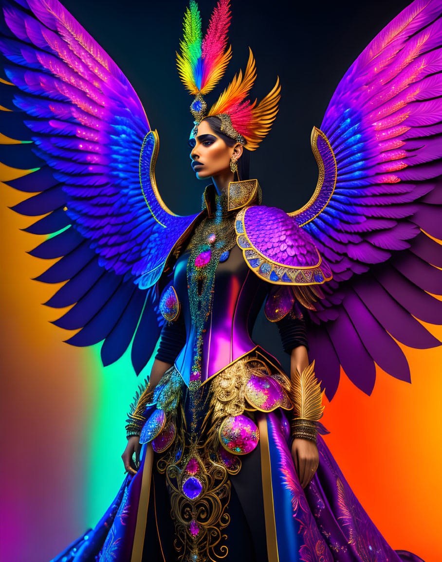 Colorful Person with Elaborate Wings and Luxurious Costume on Gradient Background