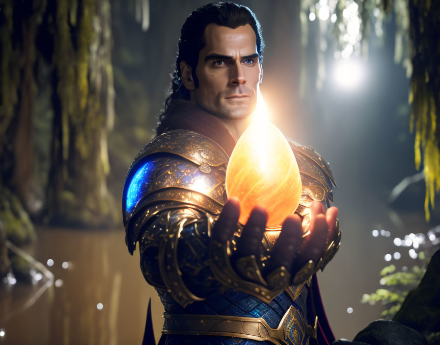 Fictional character in ornate armor holding glowing orb in forest