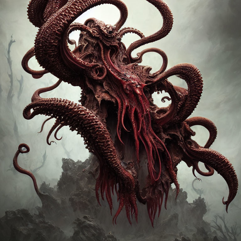 Grotesque creature with twisting tentacles in misty landscape