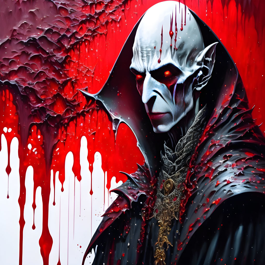 Sinister figure with pale skin and red eyes in dark cloak with blood-like drips