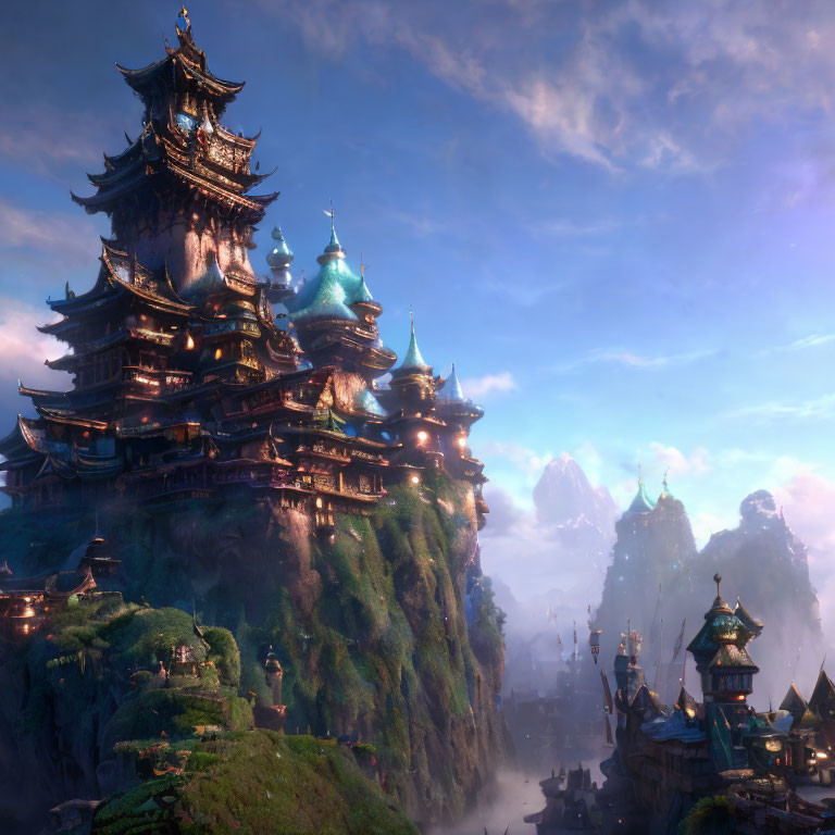 Majestic oriental pagodas in mist-covered mountains under radiant sky