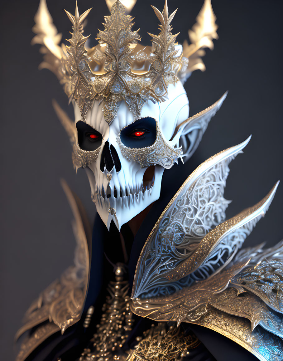 Detailed skull illustration with decorative crown and armor, silver designs, red glowing eyes