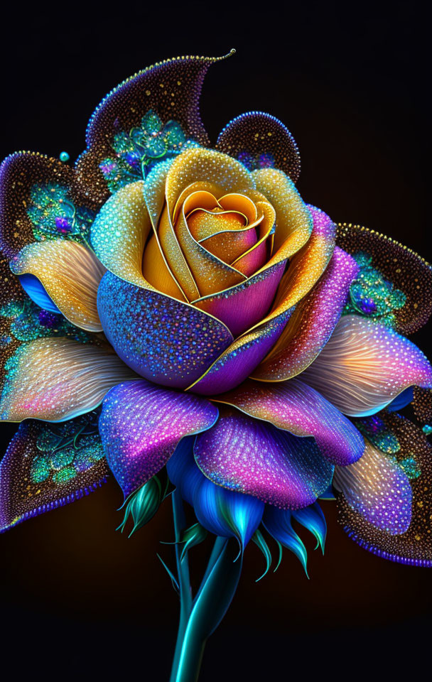 Colorful Sparkling Flower Artwork with Heart-Shaped Center