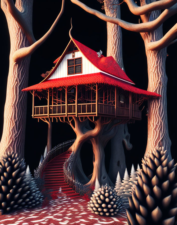 Whimsical treehouse with red roof and spiral staircase in twisted tree setting