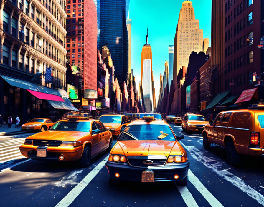 Urban scene with tall buildings and yellow taxis under blue sky