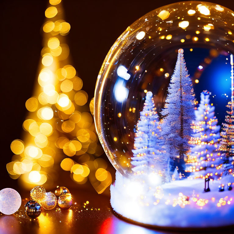 Snow Globe with Miniature Trees and Blurred Christmas Tree Background