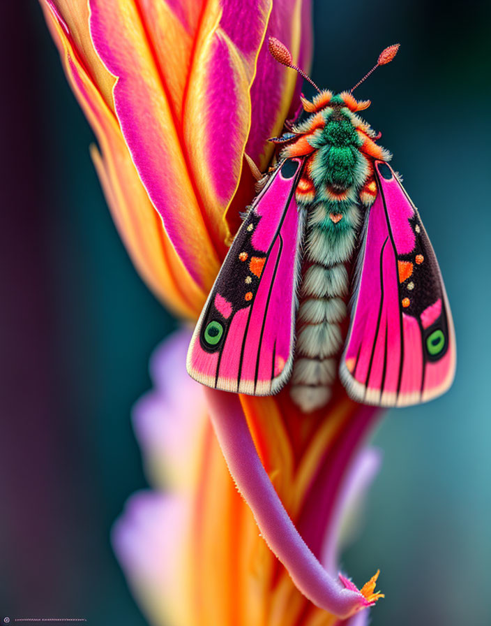 Colorful Moth with Pink and Black Wings on Orange Flower