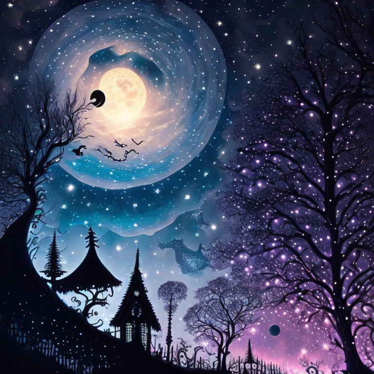 Whimsical night scene with glowing moon, starry sky, silhouetted trees, bats