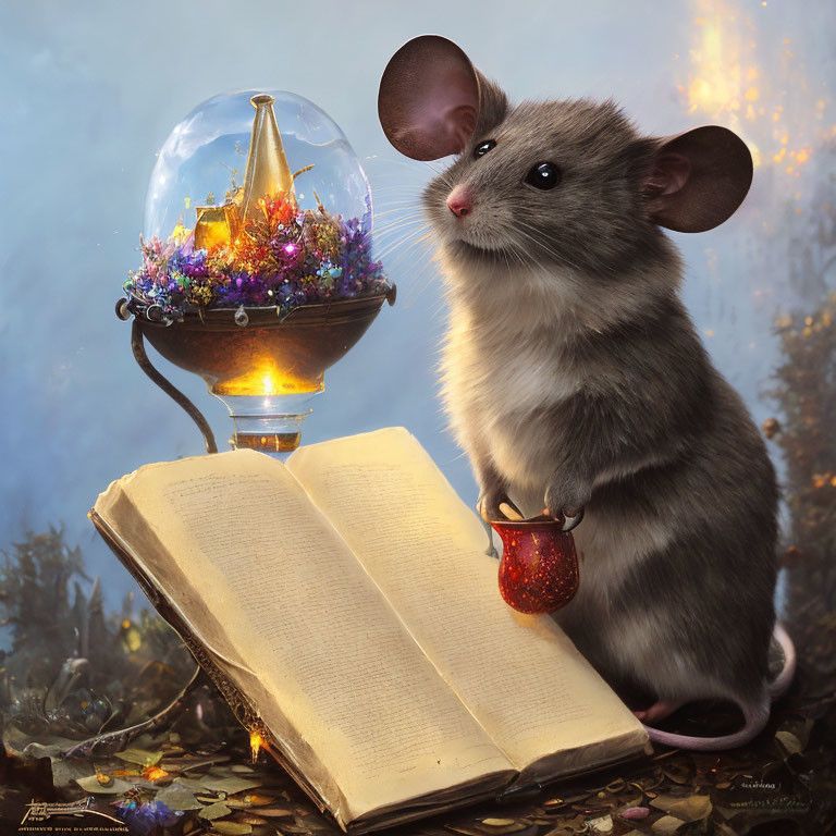 Whimsical mouse illustration with large ears reading a book beside glowing candle lamp