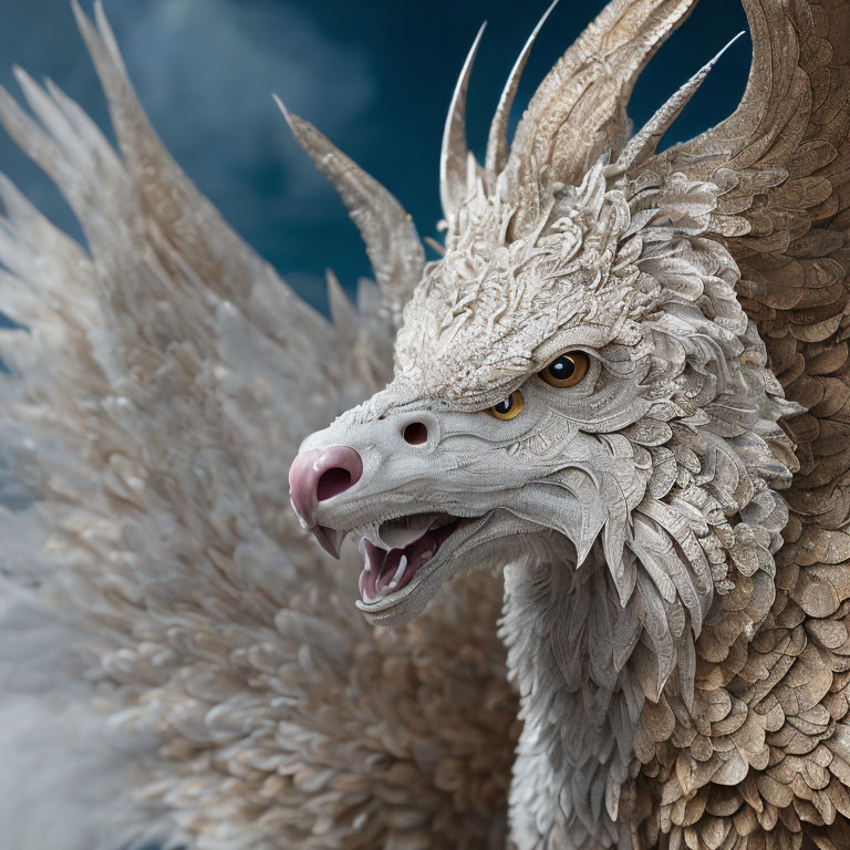 Detailed White Dragon with Yellow Eyes and Sharp Horns on Cloudy Sky