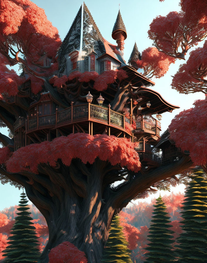 Ornate wooden treehouse in large tree with red leaves