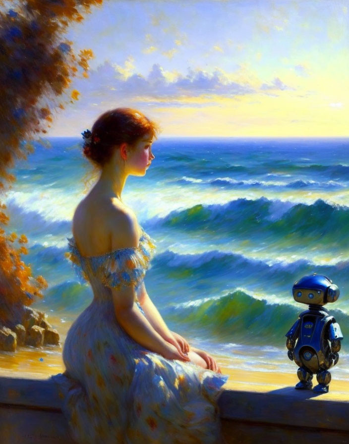 Woman in vintage dress with small robot by the sea - classic art meets futuristic blend