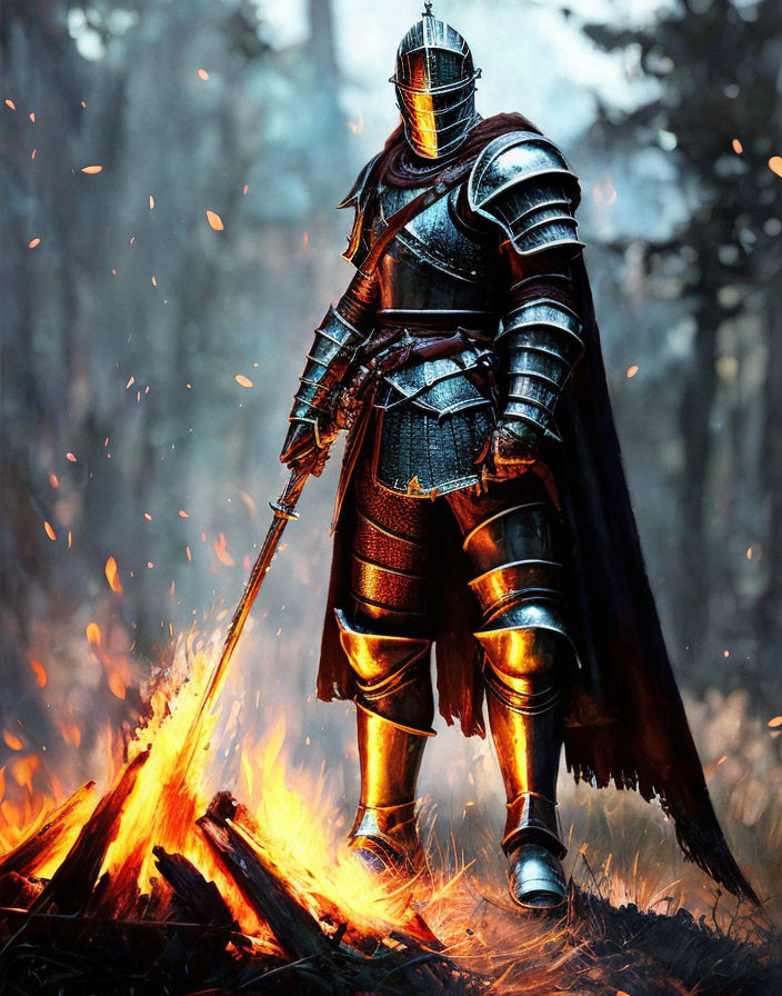 Knight with sword by campfire in forest at night