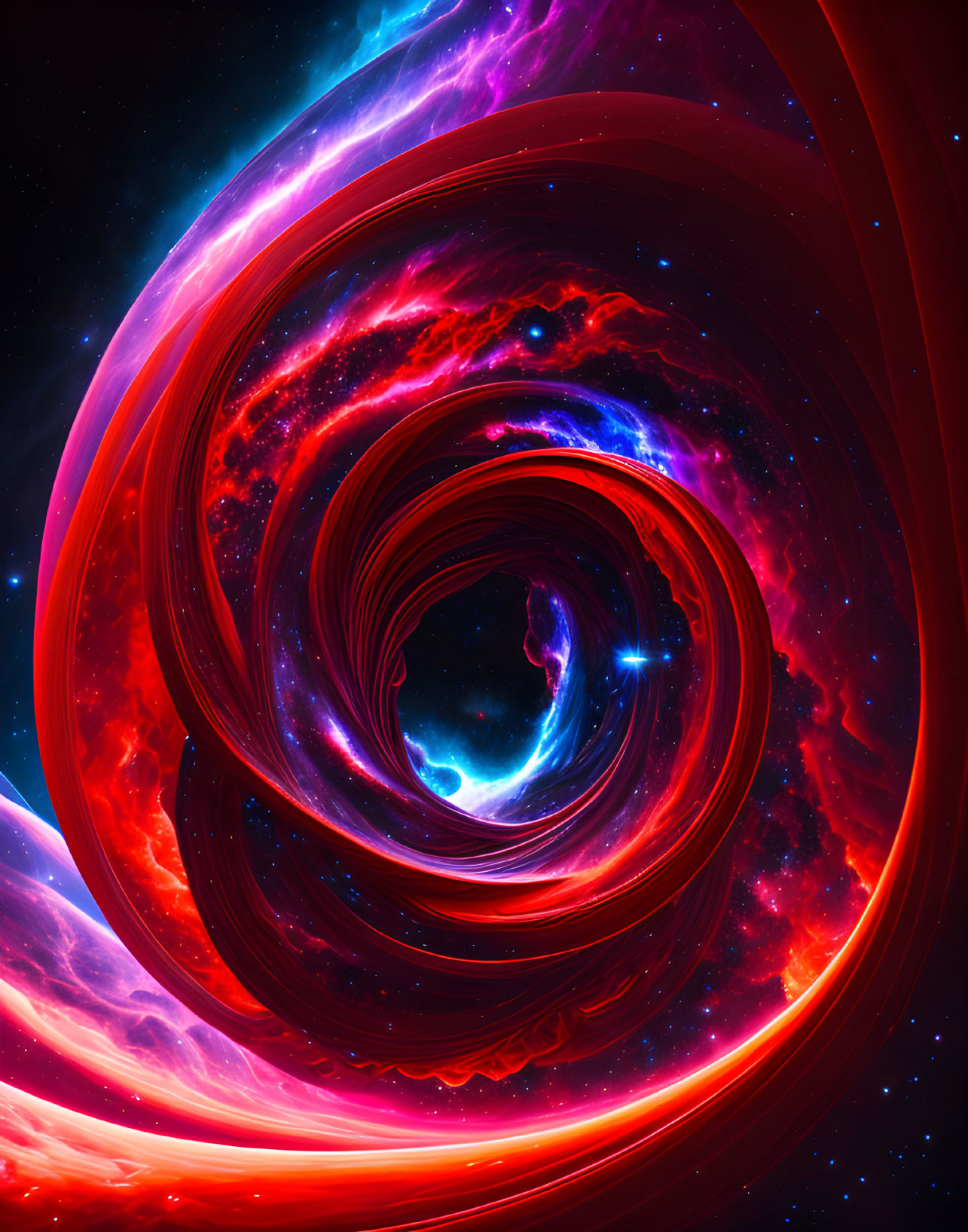 Colorful digital artwork of cosmic nebula in red, blue, and purple