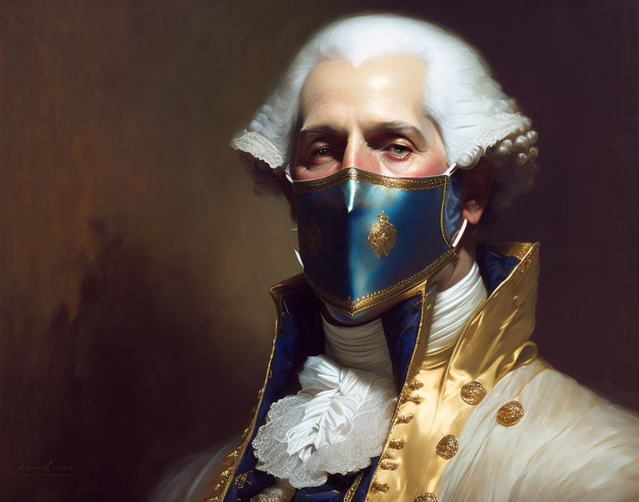 Historical figure in white wig, blue face mask, and ornate uniform