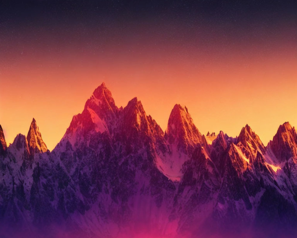 Snow-Covered Mountain Peaks Under Starry Sky with Pink and Orange Horizon Glow