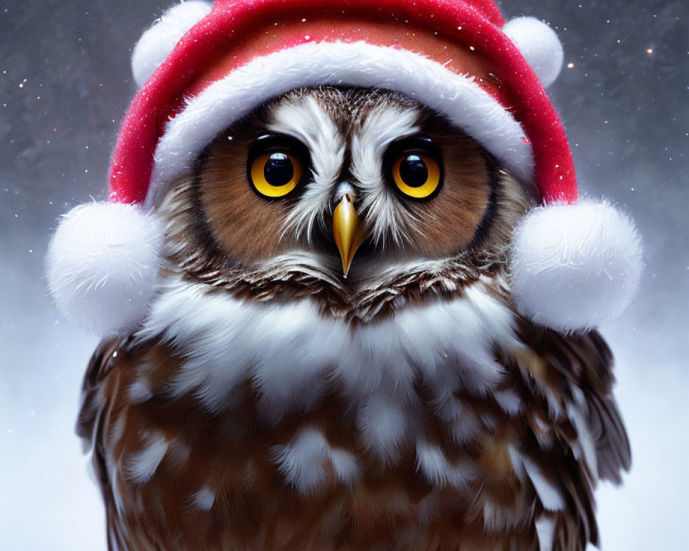 Yellow-eyed owl wearing red Santa hat with holly for a festive portrait