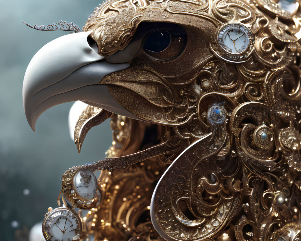 Intricate Golden Mechanical Eagle Head with Clocks and Gears