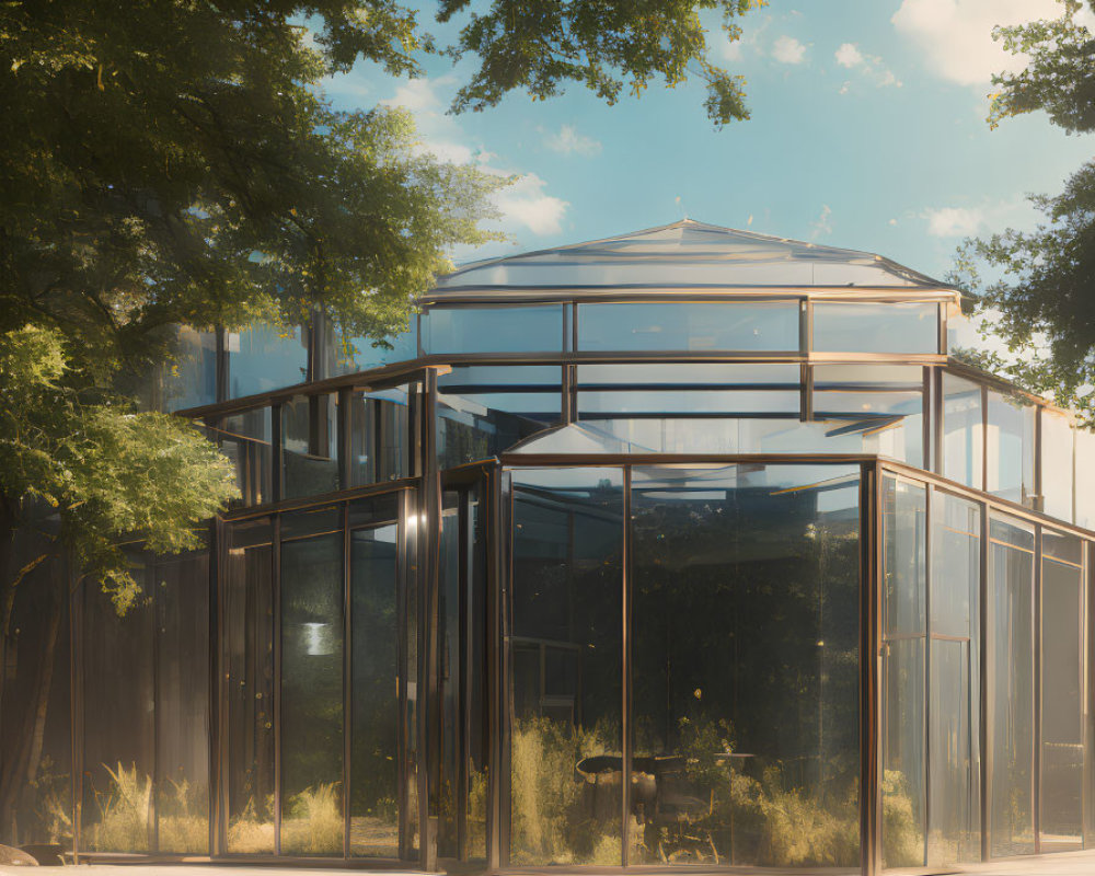 Glass building surrounded by trees and sunlight filtering through leaves