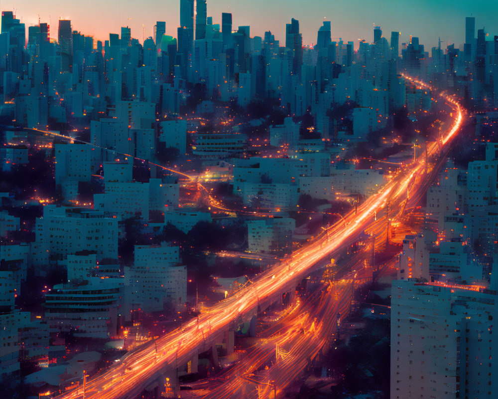 Twilight cityscape with illuminated highway and dense buildings