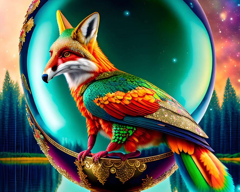 Colorful Fox with Feather Patterns Encased in Sphere on Cosmic Background