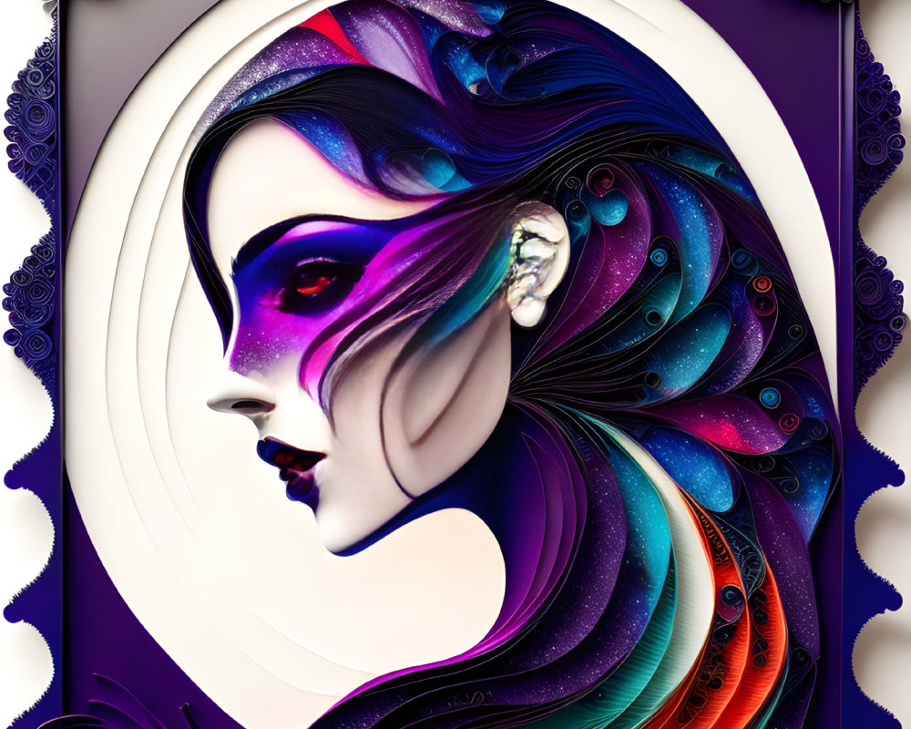 Colorful digital artwork of female profile with cosmic hair on ornate purple background