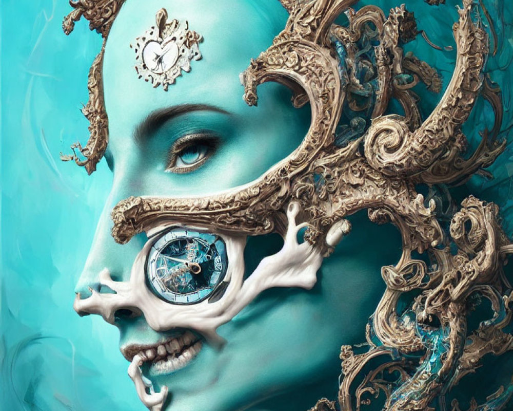 Surreal portrait with clockwork face embellishments in cool blue tones