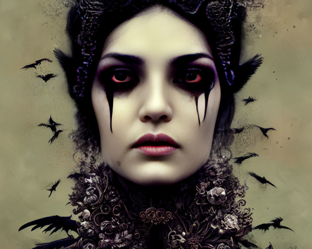 Gothic fantasy portrait of a woman with dark makeup and antler-like horns against a moody