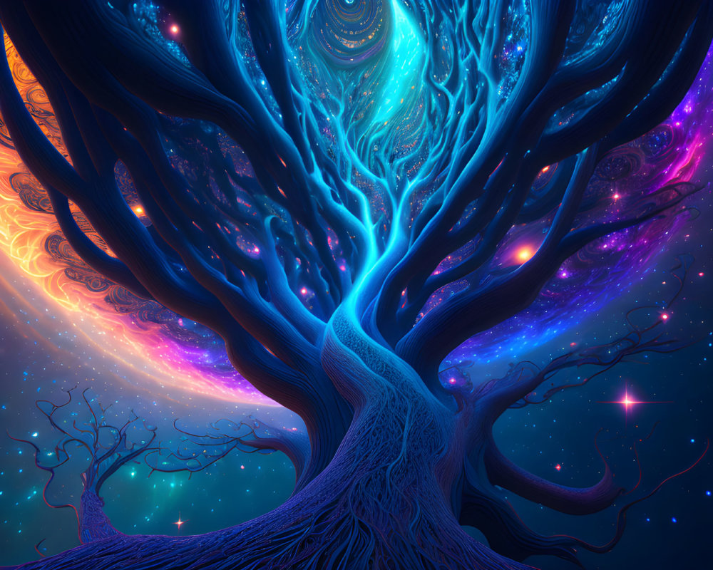 Colorful surreal artwork: Glowing blue tree in cosmic space