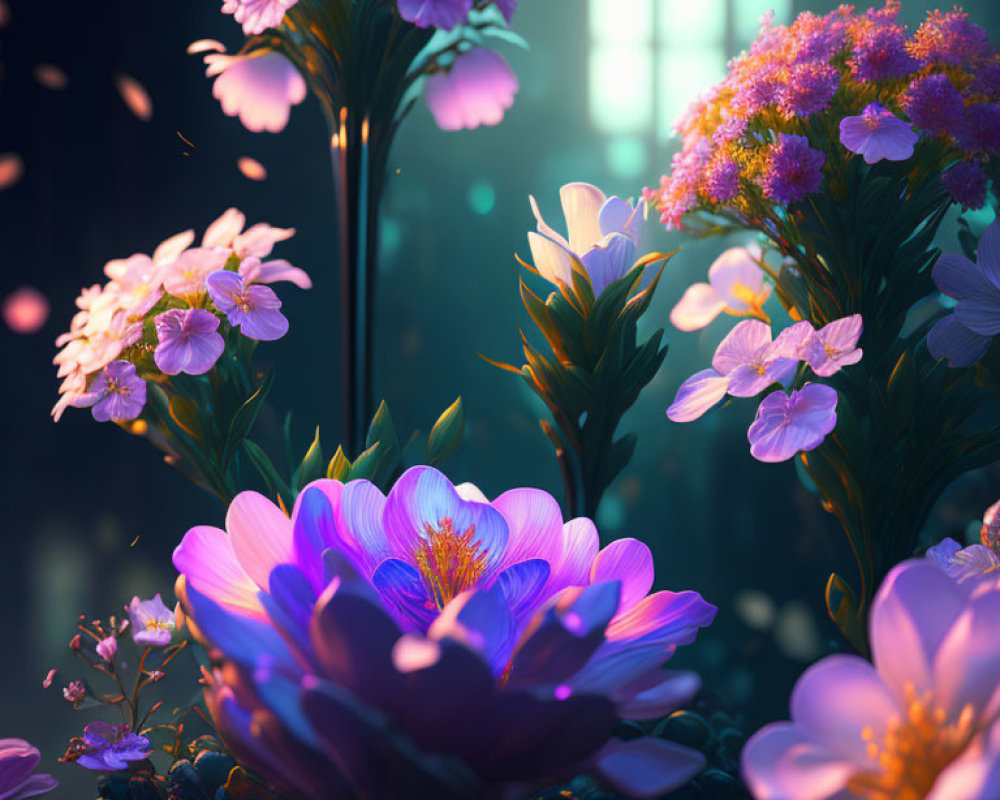 Vibrant digital artwork of mystical garden with glowing purple and pink flowers