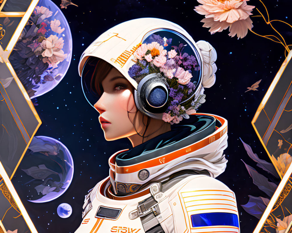 Colorful Space Suit Woman with Floral Helmet in Cosmic Setting