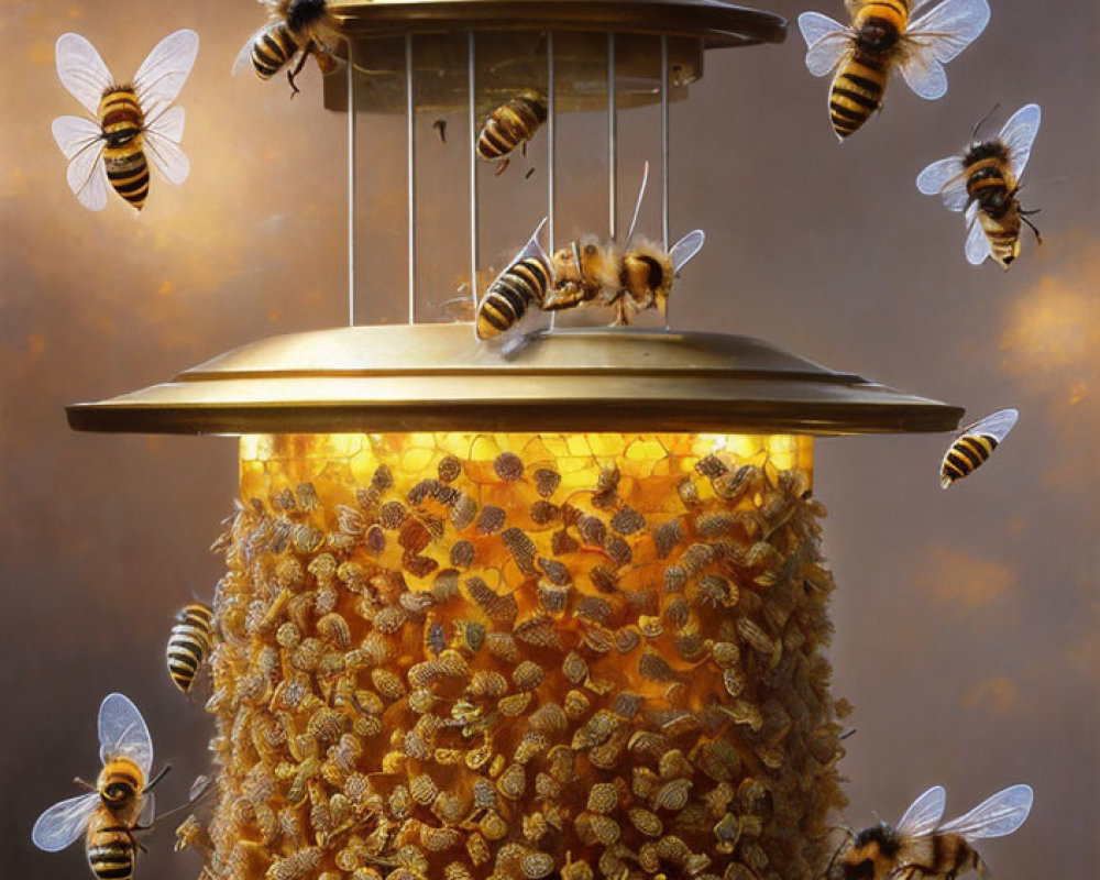 Swarm of Bees Flying Around Lamp Post with Large Honeycomb