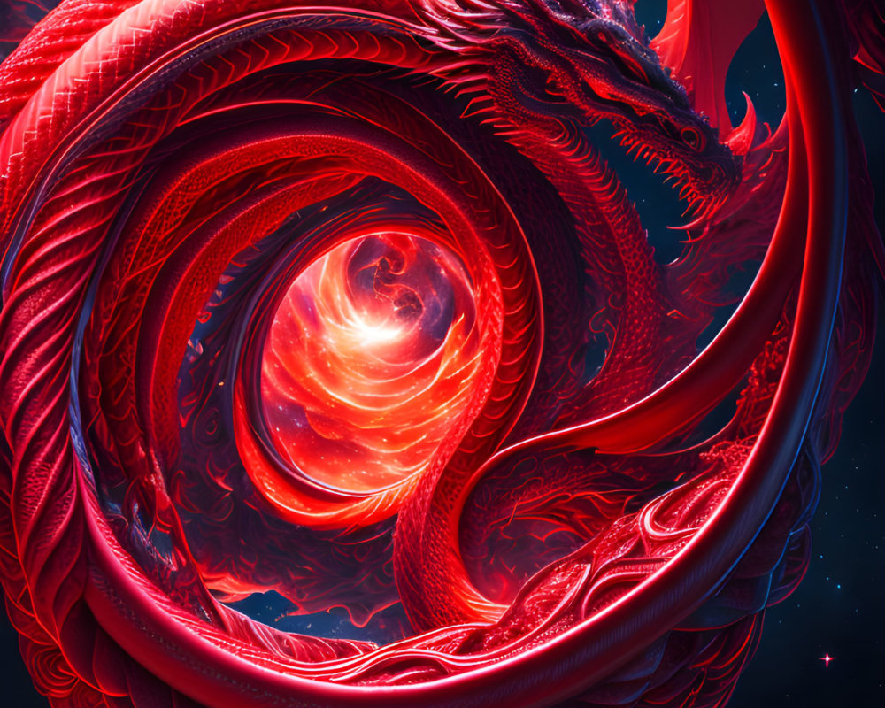 Luminous red dragon amidst swirling galaxy in deep space