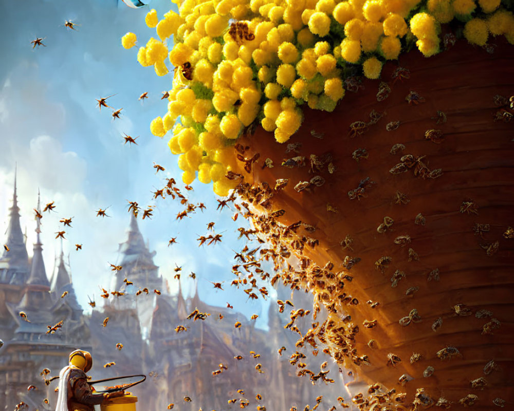 Fantasy scene: Beekeeper gathering honey from giant hive