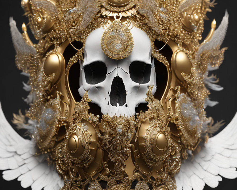 Intricate Golden and White Mask with Angelic Wings and Jewels