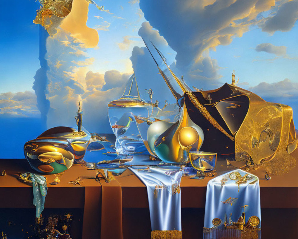 Surreal painting: floating elements, fluid shapes, reflective surfaces, ocean, blue sky, dramatic