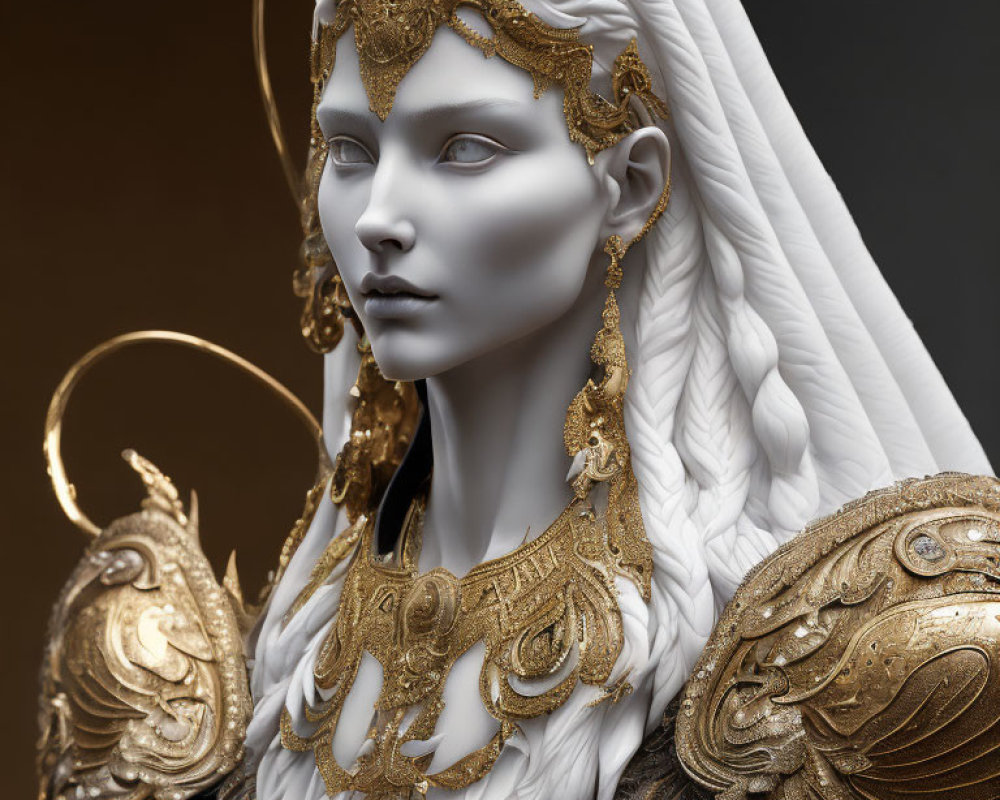 Ethereal figure with pale skin and elaborate gold headgear