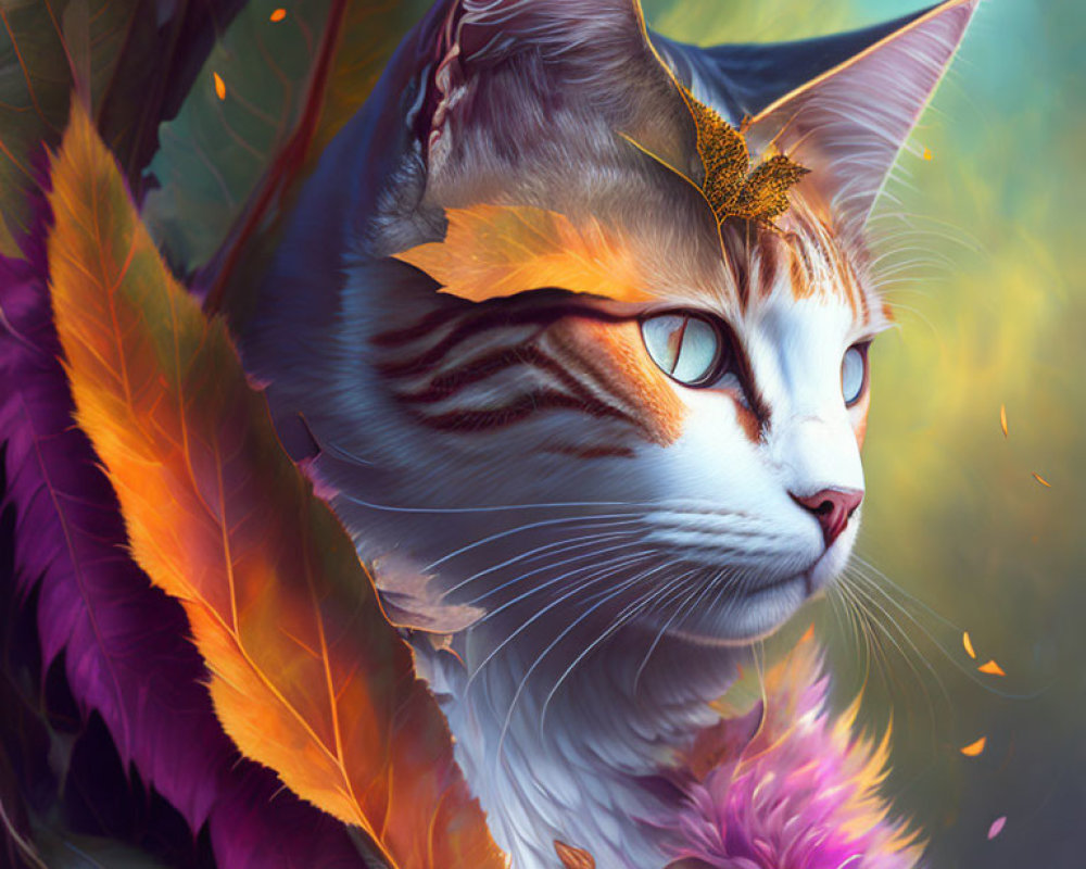 Cat digital artwork: vibrant autumn leaves & butterfly create magical, serene scene