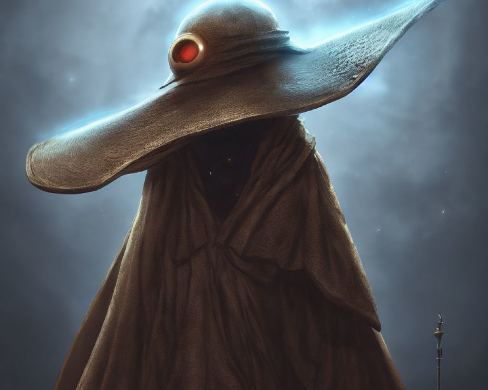 Mysterious cloaked figure with beak mask under starlit sky