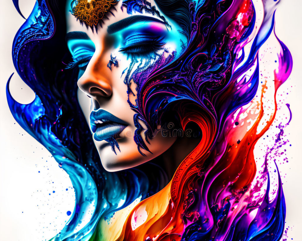 Vibrant woman illustration with blue makeup and hair in fluid spectrum of colors