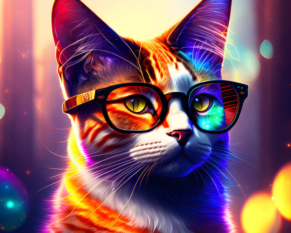 Colorful Digital Illustration of Stylish Cat with Glasses in Cityscape Reflections