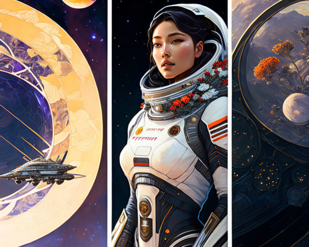 Futuristic astronaut in cosmic triptych with spaceship and planets