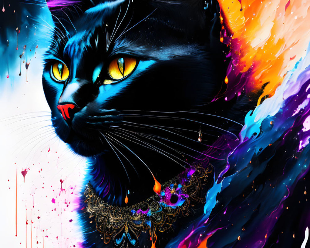 Colorful Cosmic Black Cat Artwork with Yellow Eyes and Neon Paint