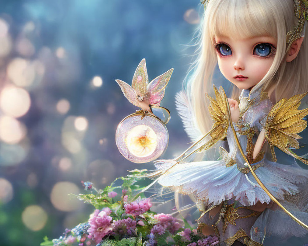 Fantastical doll-like character in fairy attire with butterfly lantern among lush flowers