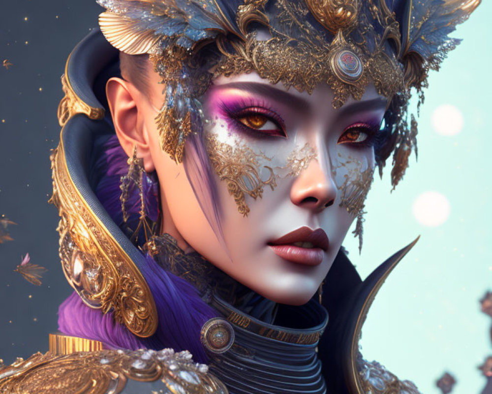 Digital artwork featuring woman with purple hair, ornate gold headdress, detailed makeup, piercing gaze,