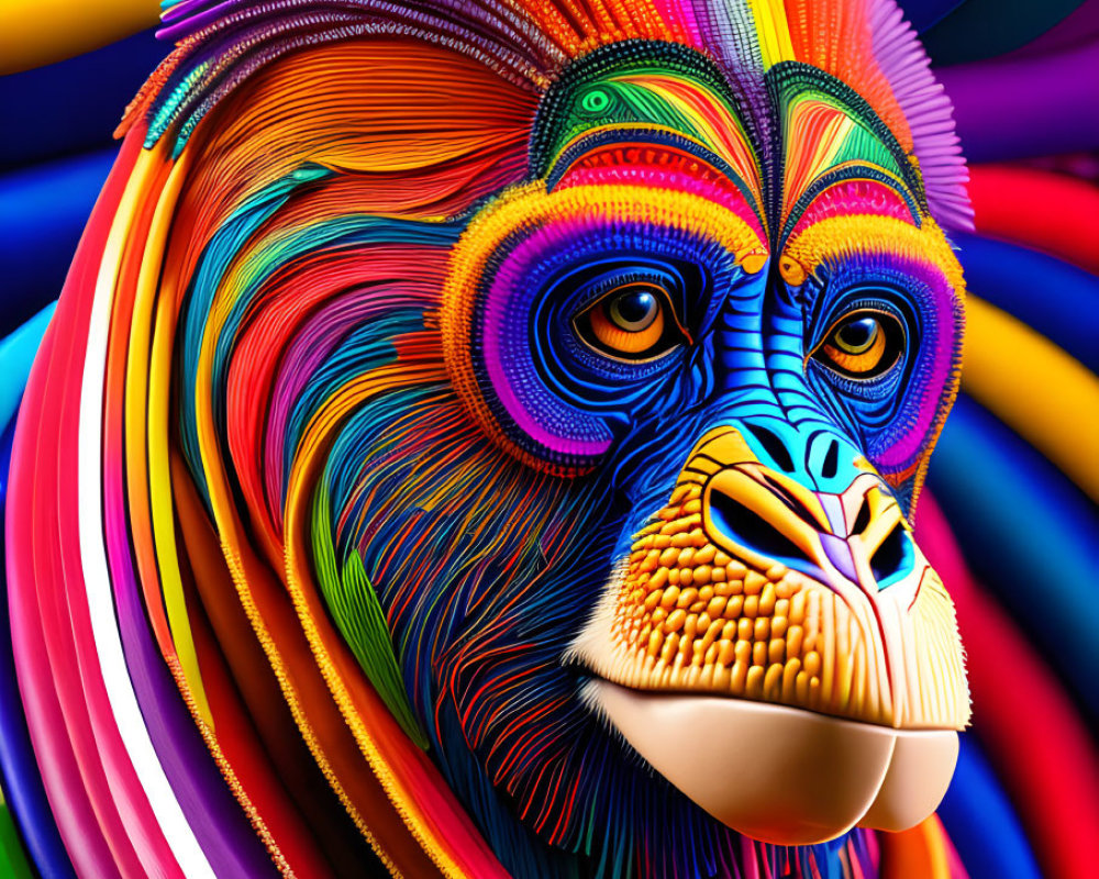 Colorful Monkey Face Artwork with Swirl Pattern and Concentric Circles