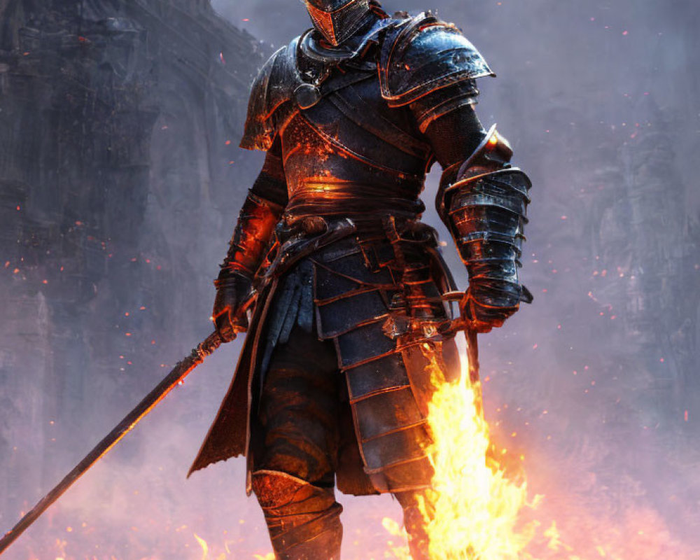 Armored knight with long sword in fiery battlefield chaos